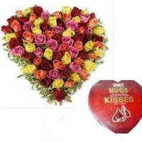 multicolored heart roses w/hershey's heart