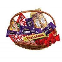 BASKET OF ASSORTED CHOCOLATE 12 RED ROSES
